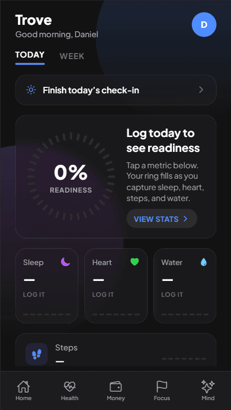 Trove app home screen showing readiness and daily metrics